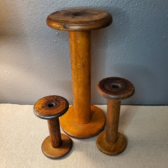 Vintage Wooden Textile Spools Primitive Home Decor Set of 3 Huge Medium Small - Picture 8 of 11